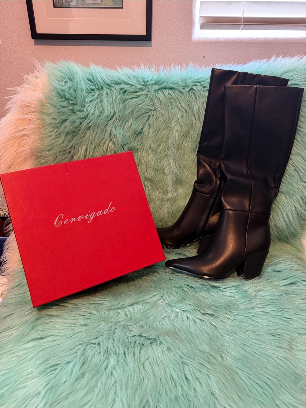 NIB Gervigada Knee High Boots Women Pointed Toe Stiletto Tall Zipper Dress Boots